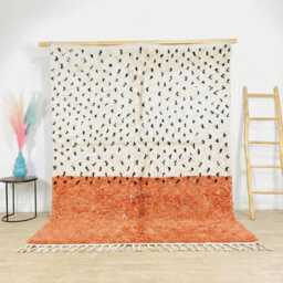Moroccan Cream & Orange Berber Rug, Handwoven Wool Shag Rug With Abstract Dots, Authentic Beni Ourain Style Carpet, Large 9x12 Area