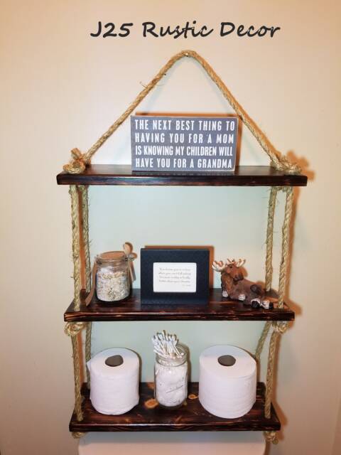 Dark Rustic Ladder Shelf, 3 Tier Rope Ladder, Three Layer Mother's Day Gift, Gift For Mom, Farmhouse Decor, Hanging Wall - image 1