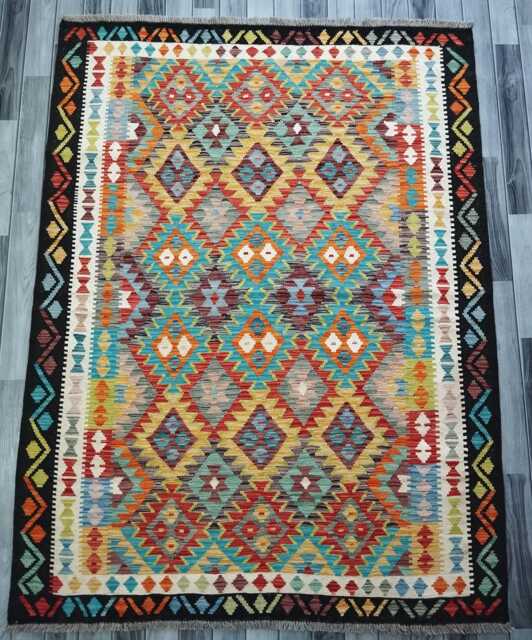 Kilim Rug Multicolour, Handmade Artisan Afghan Turkish, Scandinavian, Navajo, Bohemian Flatweave, Natural Wool 197x151 cm - image 1