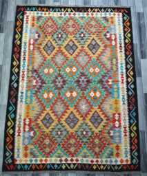 Kilim Rug Multicolour, Handmade Artisan Afghan Turkish, Scandinavian, Navajo, Bohemian Flatweave, Natural Wool 197x151 cm - thumbnail 1