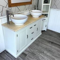 White Painted Bathroom Double Vanity Unit Cabinet Cream Marble Ceramic Basin Set 603Pcmcbcx2 - thumbnail 3