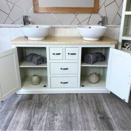 White Painted Bathroom Double Vanity Unit Cabinet Cream Marble Ceramic Basin Set 603Pcmcbcx2 - thumbnail 2