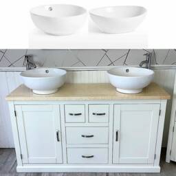 White Painted Bathroom Double Vanity Unit Cabinet Cream Marble Ceramic Basin Set 603Pcmcbcx2