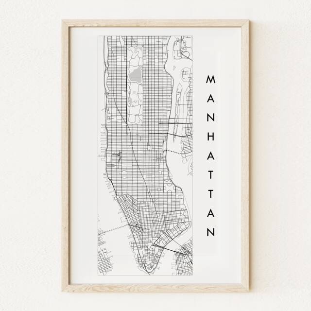 Manhattan Street Map City Hand Drawn Black White - Art Print New York Wedding Realtor Gift Central Park Midtown Uptown Downtown Soho - image 1