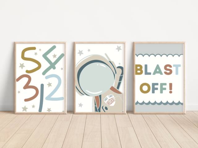 Set Of 3 Space Prints With A Personalised Astronaut Print. Perfect For Nursery, Bedroom Or Playroom - Prints Only - image 1