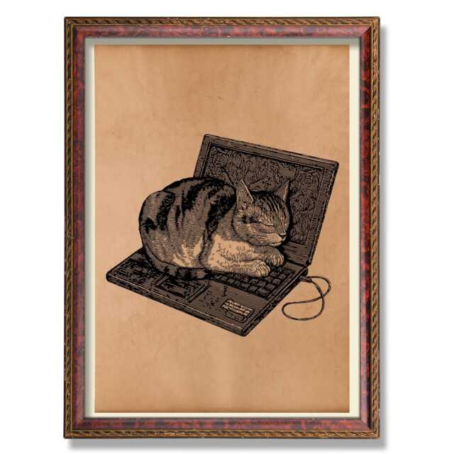 Vintage Cat Laptop Poster - Antique Style Illustration, Rustic Animal Wall Art, Quirky Lover Home Decor - image 1