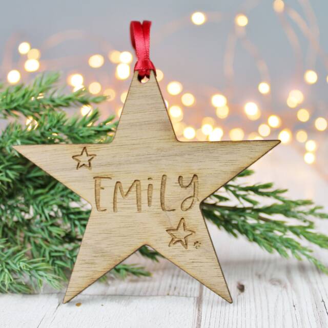 Custom Name Star Bauble Personalised Wooden Decoration For A First Christmas - image 1