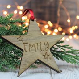 Custom Name Star Bauble Personalised Wooden Decoration For A First Christmas - thumbnail 2