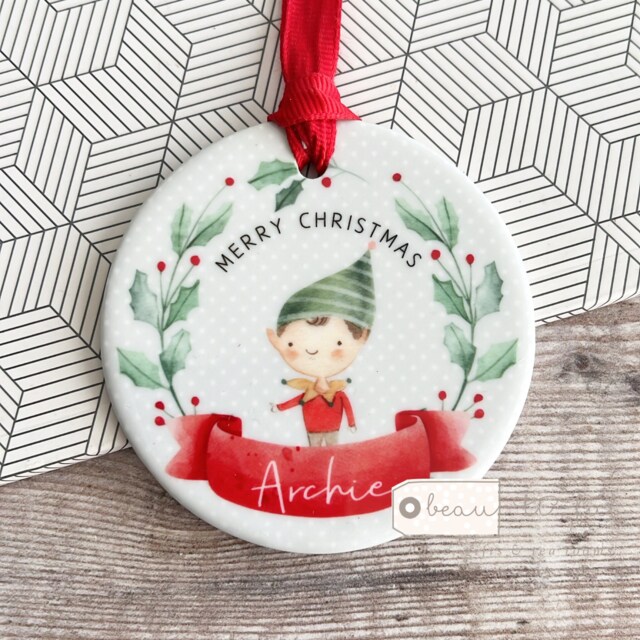 Personalised Merry Christmas Gift Boy Girl Child Gift Holly Elf Pixie Design Ceramic Or Acrylic Round Ornament Keepsake Tree Decoration - image 1
