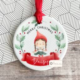 Personalised Merry Christmas Gift Boy Girl Child Gift Holly Elf Pixie Design Ceramic Or Acrylic Round Ornament Keepsake Tree Decoration - thumbnail 3