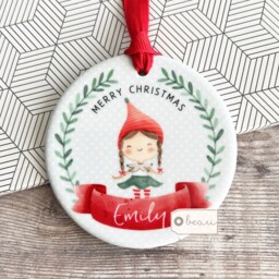 Personalised Merry Christmas Gift Boy Girl Child Gift Holly Elf Pixie Design Ceramic Or Acrylic Round Ornament Keepsake Tree Decoration - thumbnail 2