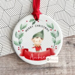 Personalised Merry Christmas Gift Boy Girl Child Gift Holly Elf Pixie Design Ceramic Or Acrylic Round Ornament Keepsake Tree Decoration - thumbnail 1