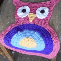 Hootie, The Owl Rug. Girls Crocheted Handmade in Girly Girl Colors. Pink, Purple, Hydrangea, Yellow Whimsical Playroom Nursery Kids Room - thumbnail 4