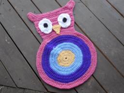 Hootie, The Owl Rug. Girls Crocheted Handmade in Girly Girl Colors. Pink, Purple, Hydrangea, Yellow Whimsical Playroom Nursery Kids Room - thumbnail 1
