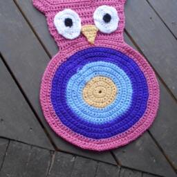 Hootie, The Owl Rug. Girls Crocheted Handmade in Girly Girl Colors. Pink, Purple, Hydrangea, Yellow Whimsical Playroom Nursery Kids Room - thumbnail 2