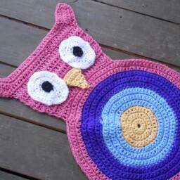 Hootie, The Owl Rug. Girls Crocheted Handmade in Girly Girl Colors. Pink, Purple, Hydrangea, Yellow Whimsical Playroom Nursery Kids Room - thumbnail 3