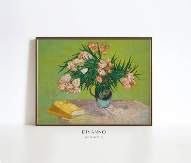 Van Gogh Oleanders & Books Print, Still Life Oil Painting Canvas, Botanical Floral Wall Decor, Flower Vase Poster, Fine Art Gift - image 1
