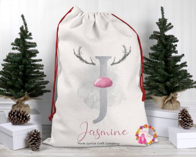 Christmas Sack, Santa Xmas Decoration, Personalised Gift, Bag, Custom Reindeer Sack - image 1