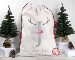 Christmas Sack, Santa Xmas Decoration, Personalised Gift, Bag, Custom Reindeer Sack - thumbnail 1