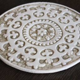Wall Decor With Suzani Design, Garden Ceramic Tile, Ethnic Art, Hanging Design Foroutdoor Decor, #1 Circle 21cm Beige&white - thumbnail 2