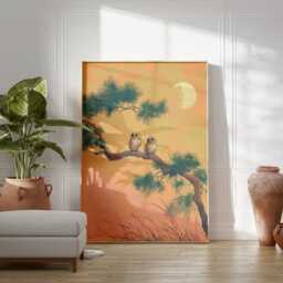 Moonlit Owls On Pine Branches Art Print, Japanese Woodblock Style, Pink Twilight Forest Wall Decor, Zen Bird Illustration Poster - thumbnail 3