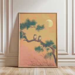 Moonlit Owls On Pine Branches Art Print, Japanese Woodblock Style, Pink Twilight Forest Wall Decor, Zen Bird Illustration Poster