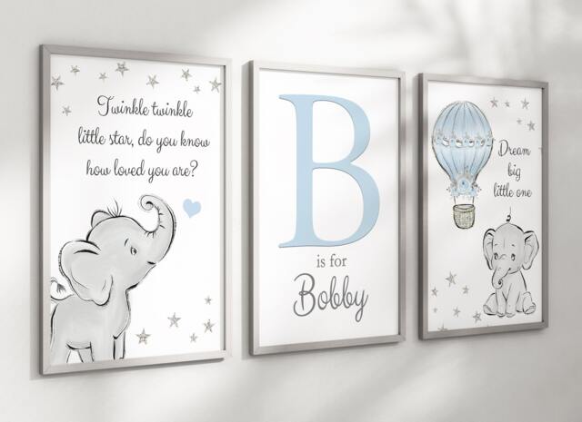 Baby Elephant Boys Personalised A4 Or A3 Nursery Set Of Unframed Prints Grey Blue Pink Animal Cloud Stars Balloon Dream Big Twinkle - image 1