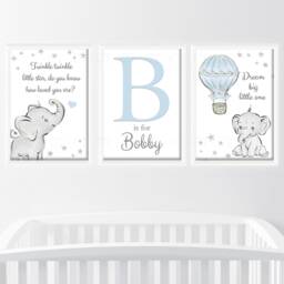 Baby Elephant Boys Personalised A4 Or A3 Nursery Set Of Unframed Prints Grey Blue Pink Animal Cloud Stars Balloon Dream Big Twinkle - thumbnail 2