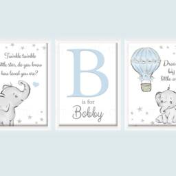 Baby Elephant Boys Personalised A4 Or A3 Nursery Set Of Unframed Prints Grey Blue Pink Animal Cloud Stars Balloon Dream Big Twinkle - thumbnail 3