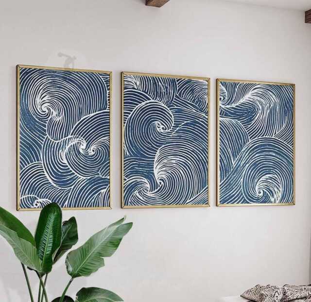 Set Of 3 Japanese Wave Wall Art Prints, Blue Ocean Line Posters, Modern Coastal Decor Inspired By Japan - image 1