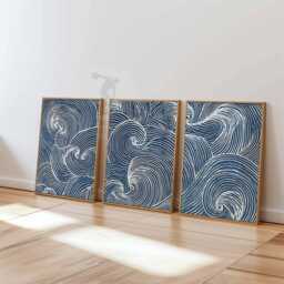 Set Of 3 Japanese Wave Wall Art Prints, Blue Ocean Line Posters, Modern Coastal Decor Inspired By Japan - thumbnail 3