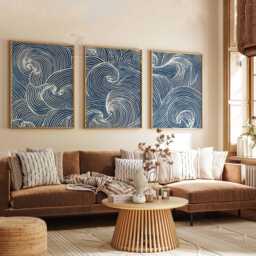 Set Of 3 Japanese Wave Wall Art Prints, Blue Ocean Line Posters, Modern Coastal Decor Inspired By Japan - thumbnail 2
