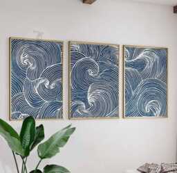 Set Of 3 Japanese Wave Wall Art Prints, Blue Ocean Line Posters, Modern Coastal Decor Inspired By Japan - thumbnail 1