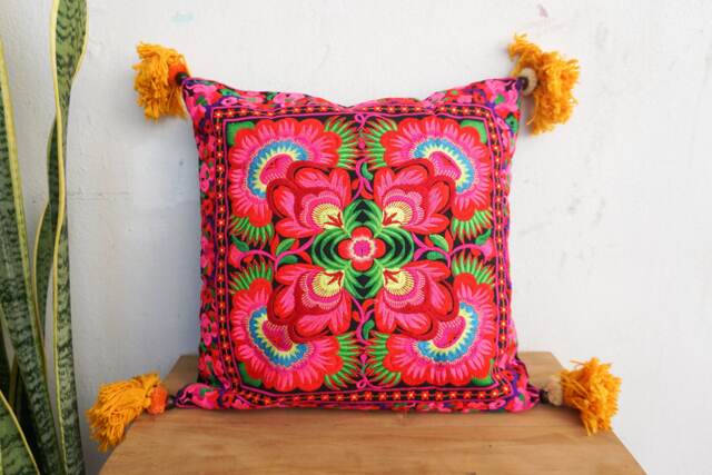 16x16 Hmong Embroidered Pillow Cover, Red Flower Pom Poms, Bohemian Cushion - Cs12Blaf - image 1