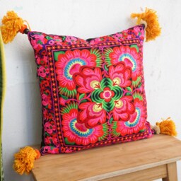 16x16 Hmong Embroidered Pillow Cover, Red Flower Pom Poms, Bohemian Cushion - Cs12Blaf - thumbnail 2