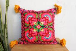 16x16 Hmong Embroidered Pillow Cover, Red Flower Pom Poms, Bohemian Cushion - Cs12Blaf - thumbnail 1