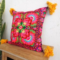 16x16 Hmong Embroidered Pillow Cover, Red Flower Pom Poms, Bohemian Cushion - Cs12Blaf - thumbnail 3