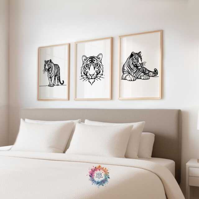 Minimal Tiger Line Art Prints - Animal Poster Set - Wall Decor Living Room Artwork Modern Print Style Black & White Drawing - image 1