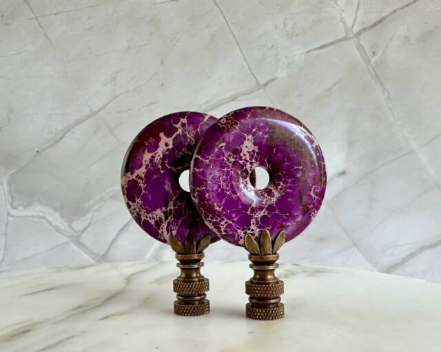 Sea Sediment Jasper Stone Lamp Finials in Ultra Violet On Bronze Hardware - A Matching Pair - image 1