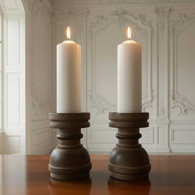 Pair Rustic Wooden Church Candle Holders Antique Style Wood Set Of Two - image 1