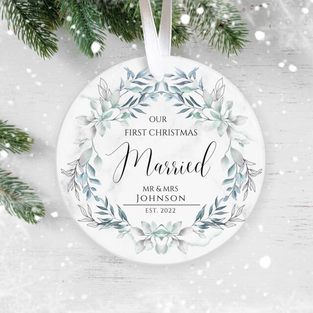 Our First Christmas Married, Personalised Ceramic Decoration, Ornament 2023, Personalized Ornament, Wedding Keepsake - image 1