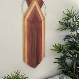 Orange & Red Yarn Wall Hanging, Retro Macrame Art, Blue Boho Tapestry, 1970's Decor, 70's Handmade Hangings - thumbnail 3