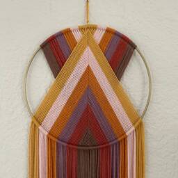 Orange & Red Yarn Wall Hanging, Retro Macrame Art, Blue Boho Tapestry, 1970's Decor, 70's Handmade Hangings - thumbnail 1