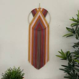 Orange & Red Yarn Wall Hanging, Retro Macrame Art, Blue Boho Tapestry, 1970's Decor, 70's Handmade Hangings - thumbnail 2