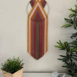 Orange & Red Yarn Wall Hanging, Retro Macrame Art, Blue Boho Tapestry, 1970's Decor, 70's Handmade Hangings - thumbnail 4