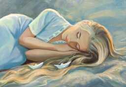Unique Gift Girl With Paper Boats Canvas Print Romantic Wall Art For Aesthetic Room Decor Light Blue Wall Print Of Original Oil Painting - thumbnail 1