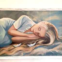 Unique Gift Girl With Paper Boats Canvas Print Romantic Wall Art For Aesthetic Room Decor Light Blue Wall Print Of Original Oil Painting - thumbnail 4