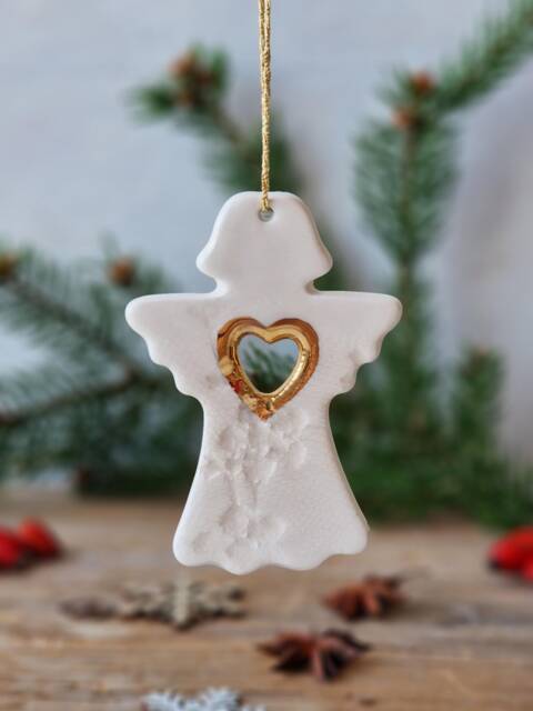 Angel Ornament, Handmade Ceramic Tree Decorations in White & Gold, Christmas Gift - image 1