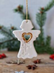 Angel Ornament, Handmade Ceramic Tree Decorations in White & Gold, Christmas Gift - thumbnail 1