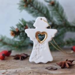 Angel Ornament, Handmade Ceramic Tree Decorations in White & Gold, Christmas Gift - thumbnail 3